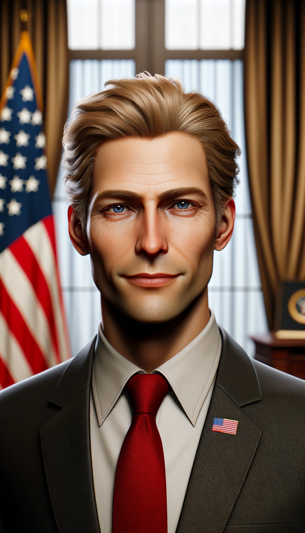 A middle-aged Caucasian male politician with light skin and distinctive blonde hair / Generated by DALL-E