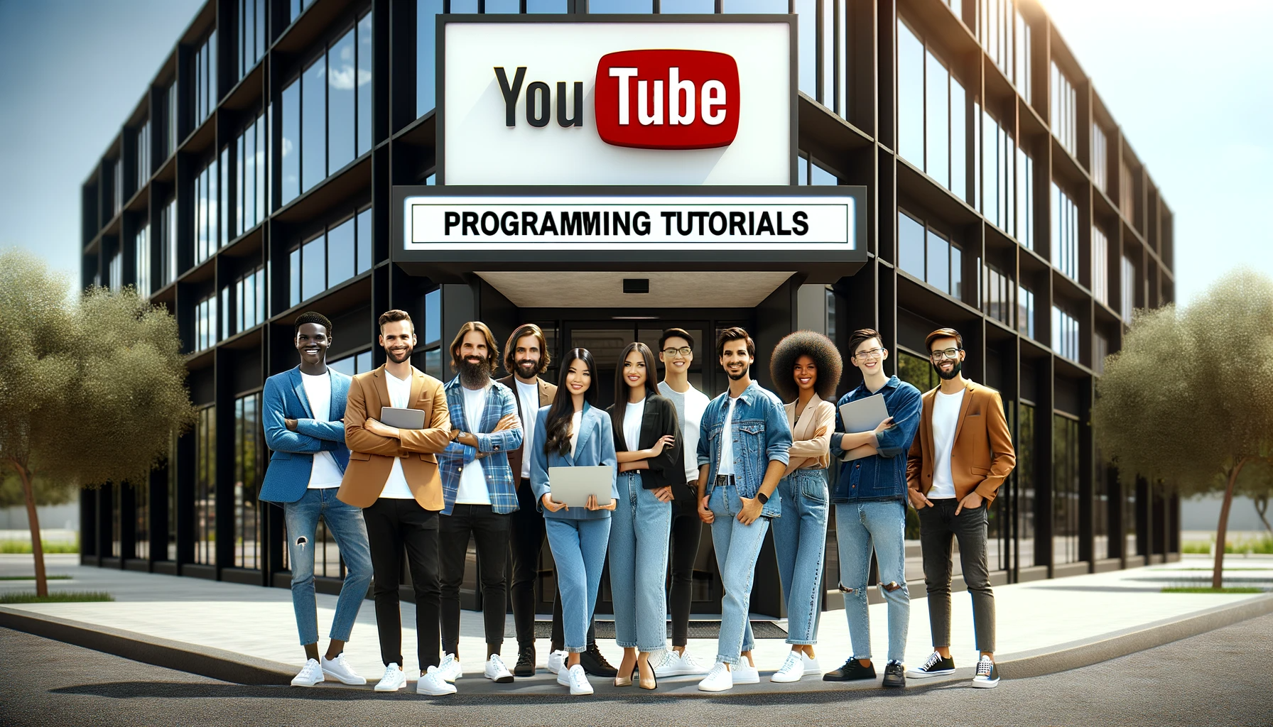 YouTube programming tutorial specialist team in front of their office building