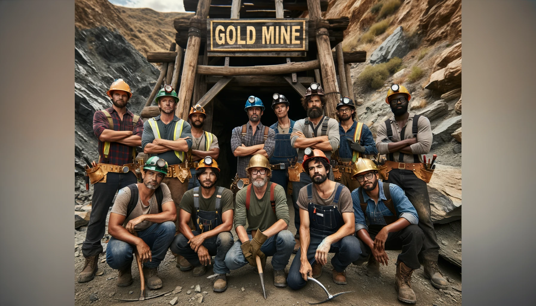 Gold miners posing in front of the mine entrance
