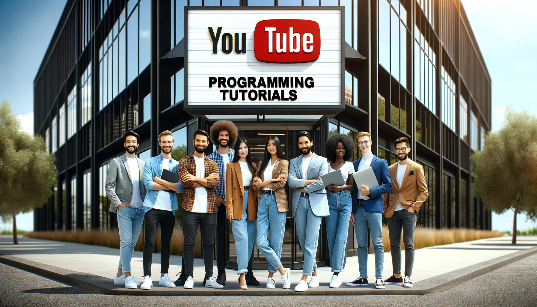 YouTube programming tutorial specialist team in front of their office building
