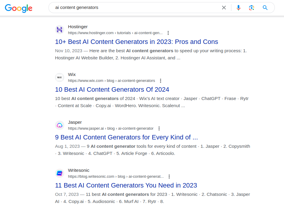 Google search for ai content generators