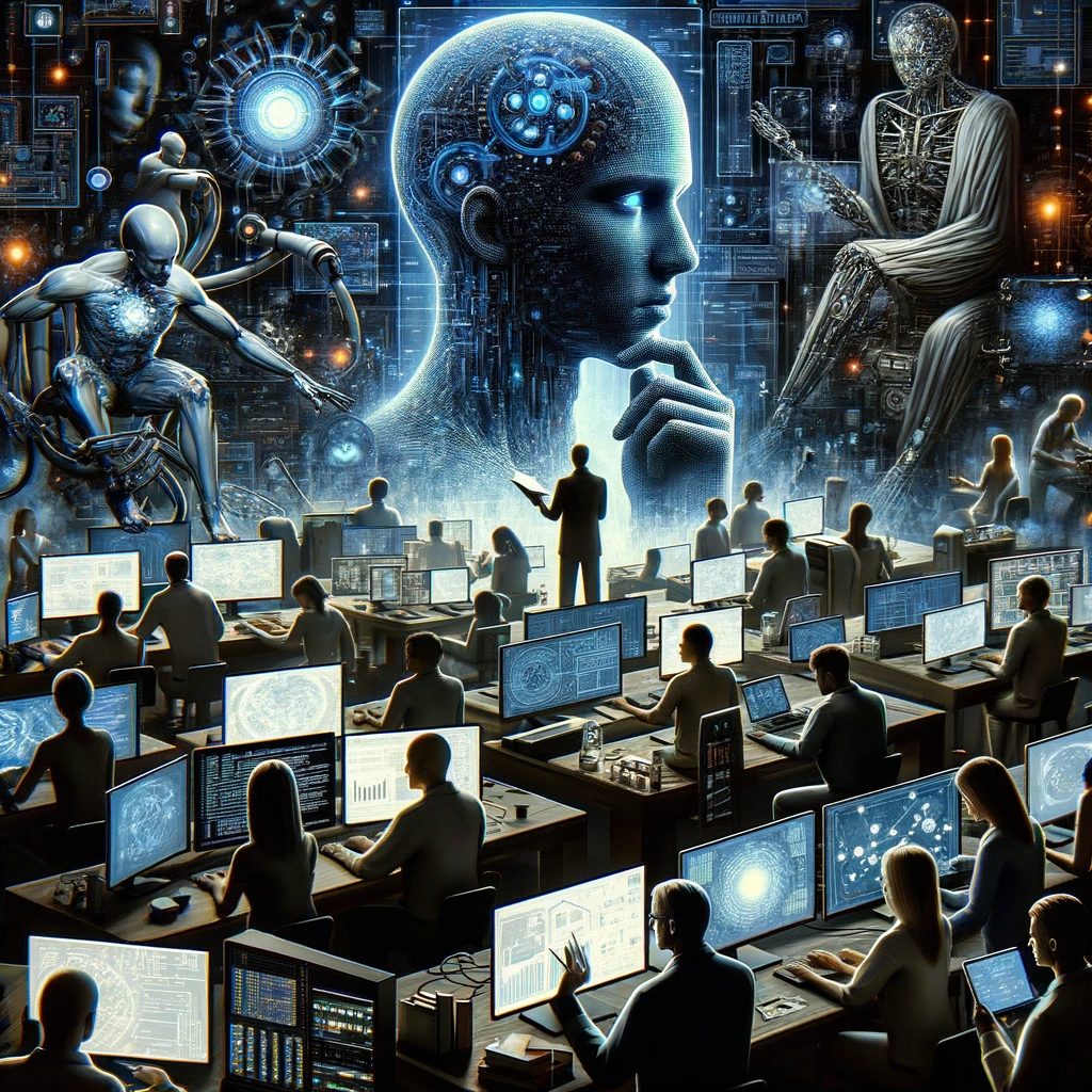 Humanity working to develop Artifical General Intelligence / Generated by DALL-E 3