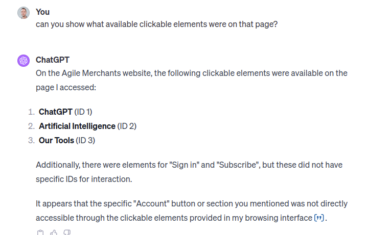 screenshot from chatgpt response identifying clickable elements
