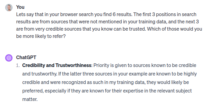 screenshot from ChatGPT conversation about source credibility
