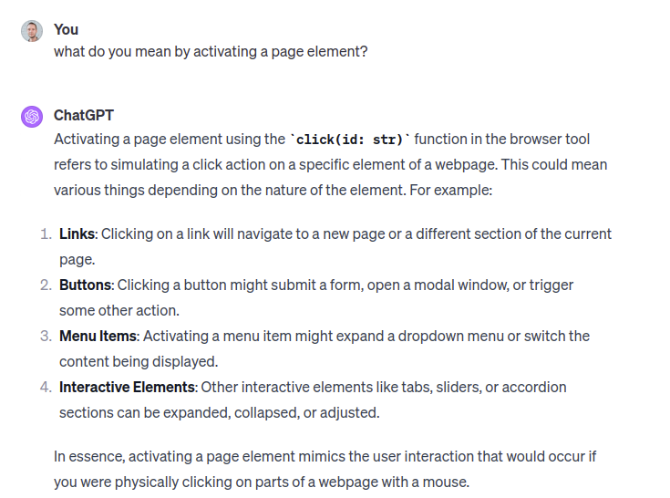 screenshot from chatgpt response about it's ability to click on elements